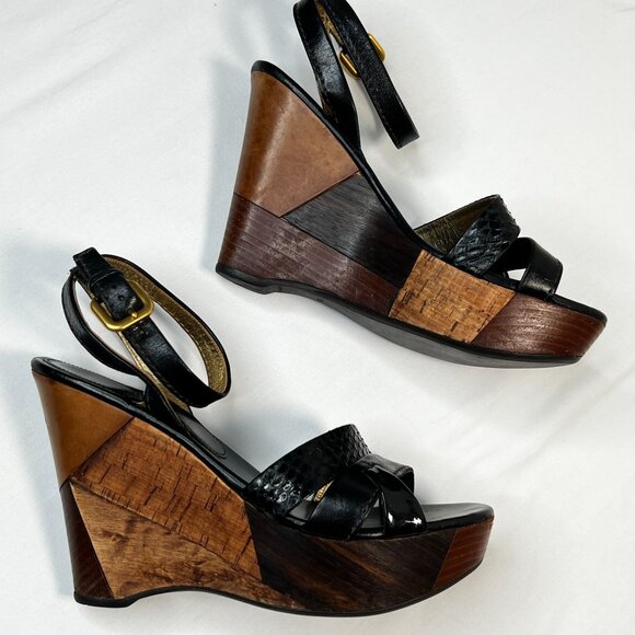 Prada Patchwork Wedges Retro Leather Wood Cork Y2K Boho Platform Heel Black 39.5 - Picture 13 of 16